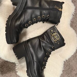 MICHAEL Michael Kors Black Leather Lace-Up Combat Boots with Gold MK Emblem